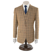 Men's Tan Brown Glen Check Plaid Slim-Fit Suit With Notch Lapels