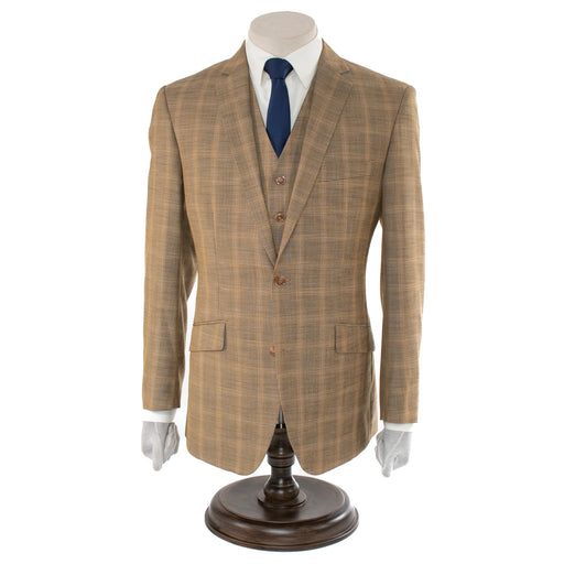 Men's Tan Brown Glen Check Plaid Slim-Fit Suit With Notch Lapels