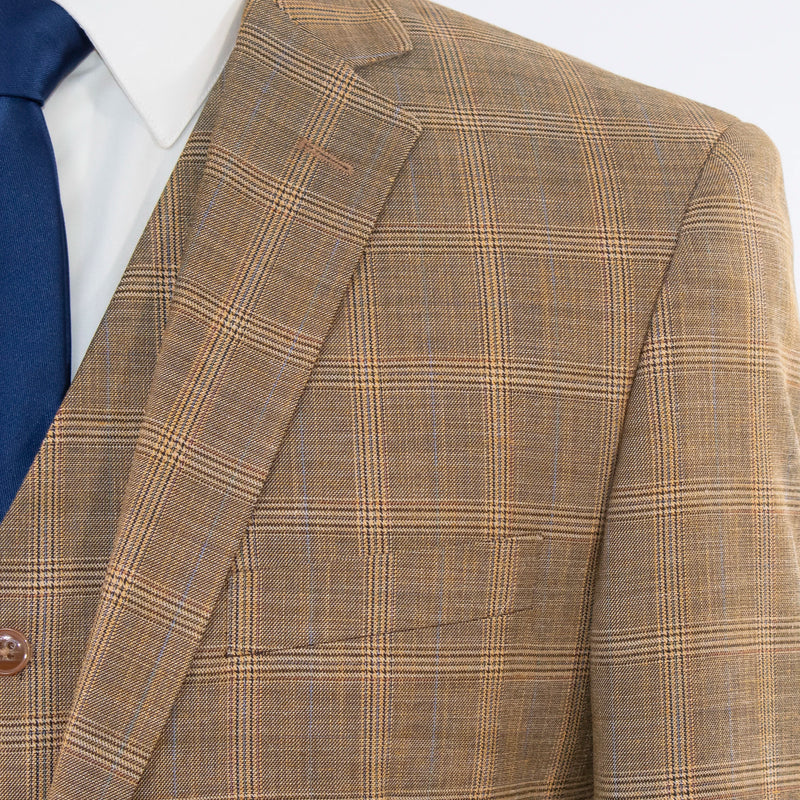 Men's Tan Brown Glen Check Plaid Slim-Fit Suit With Notch Lapels