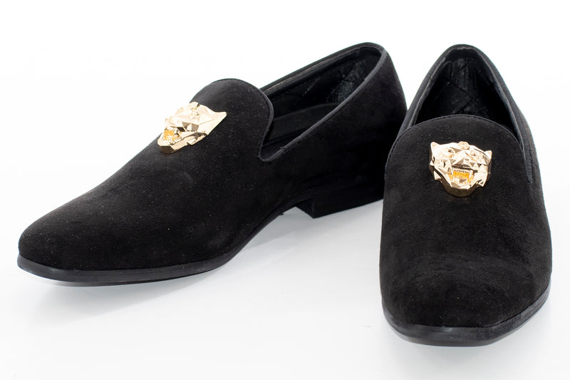 Black Suede Smoking Loafer with Gold Lion Bit