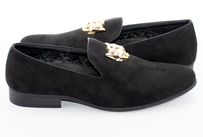 Black Suede Smoking Loafer with Gold Lion Bit