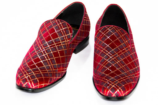 Men's Berry and Gold Velvet Glittered Patterned Smoking Loafer