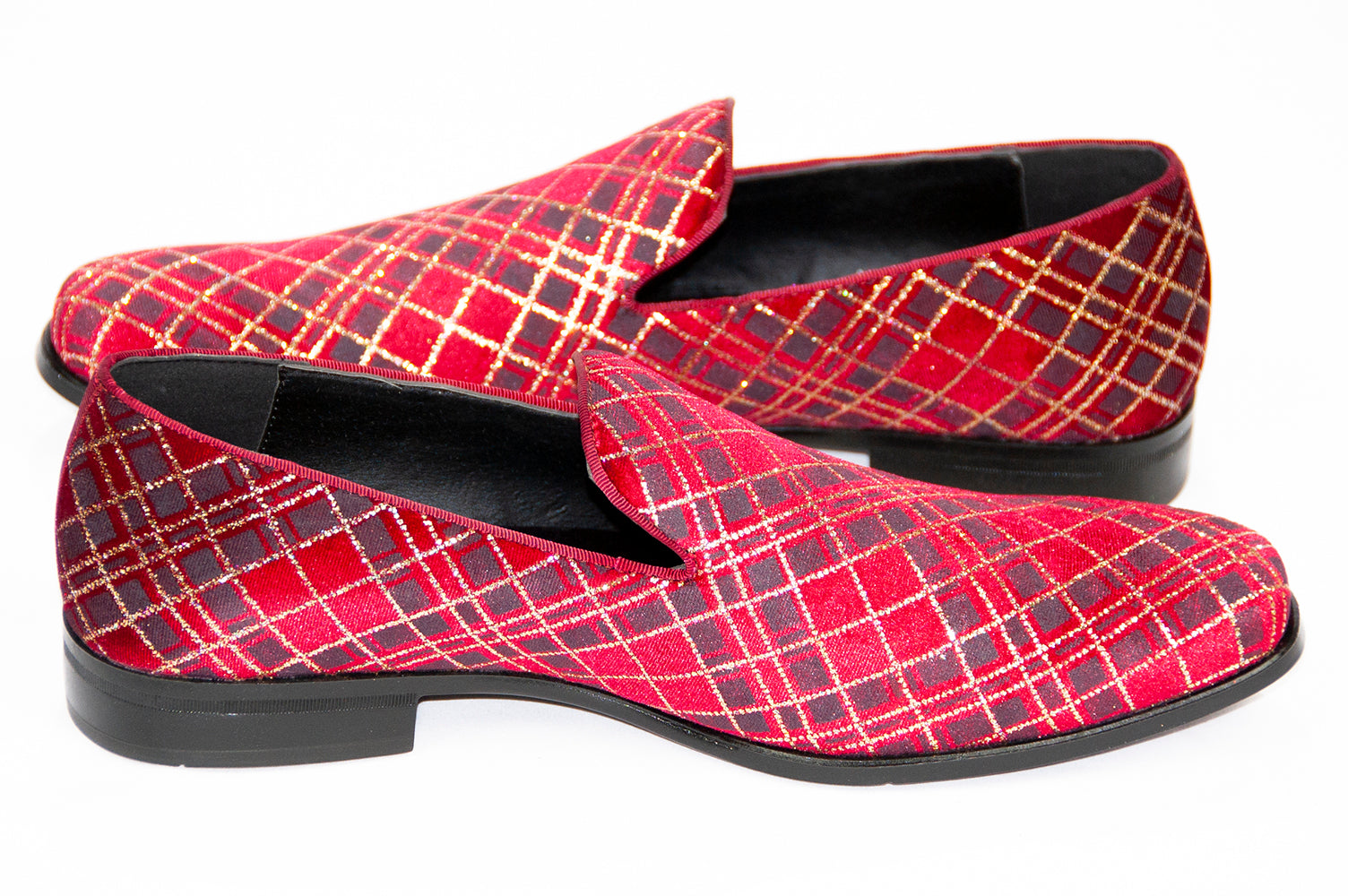 Men's Berry and Gold Velvet Glittered Patterned Smoking Loafer
