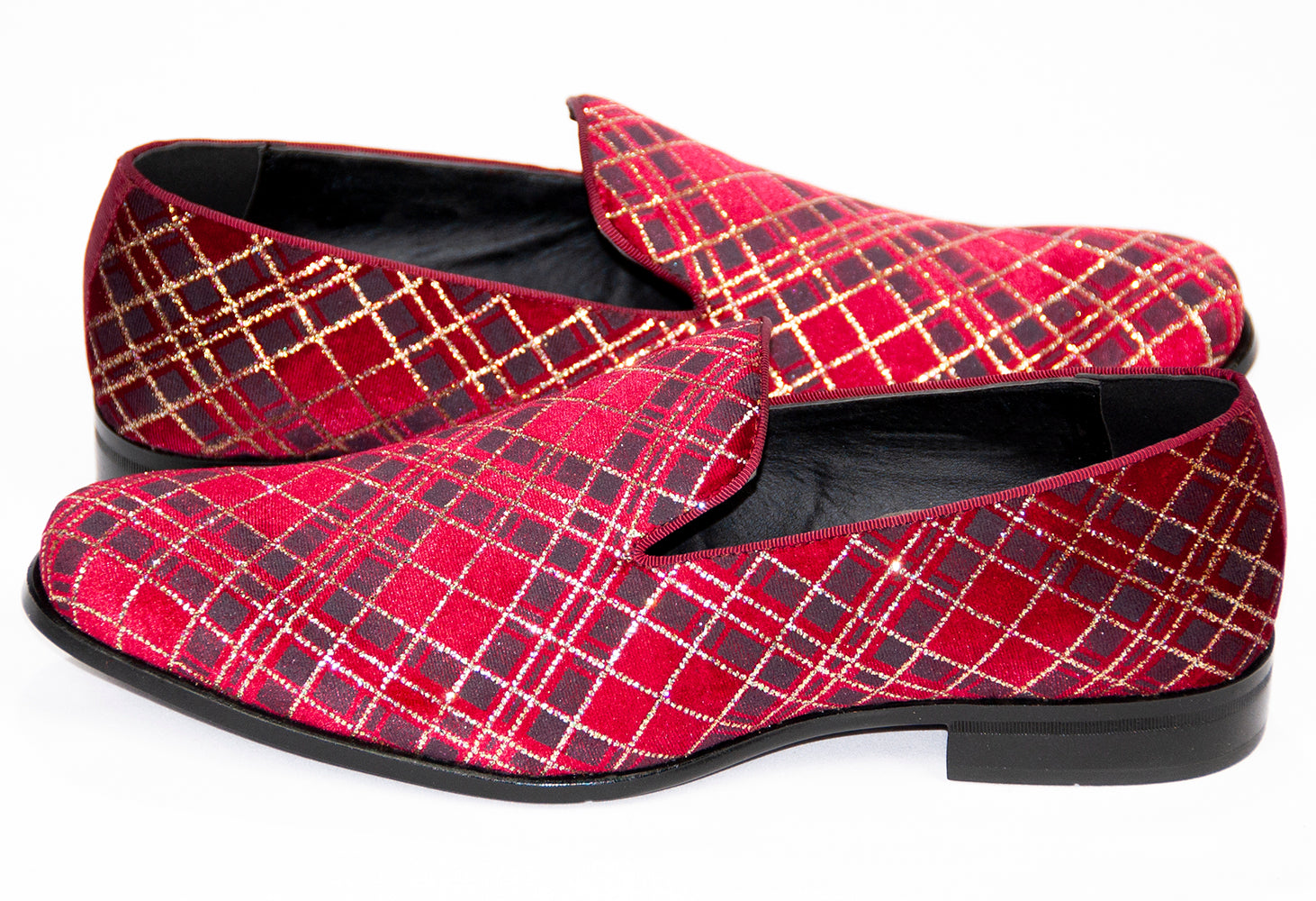 Men's Berry and Gold Velvet Glittered Patterned Smoking Loafer