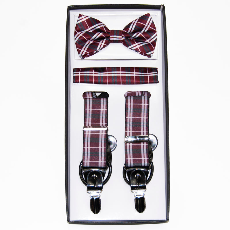 Burgundy Plaid 3-Piece Suspender Set