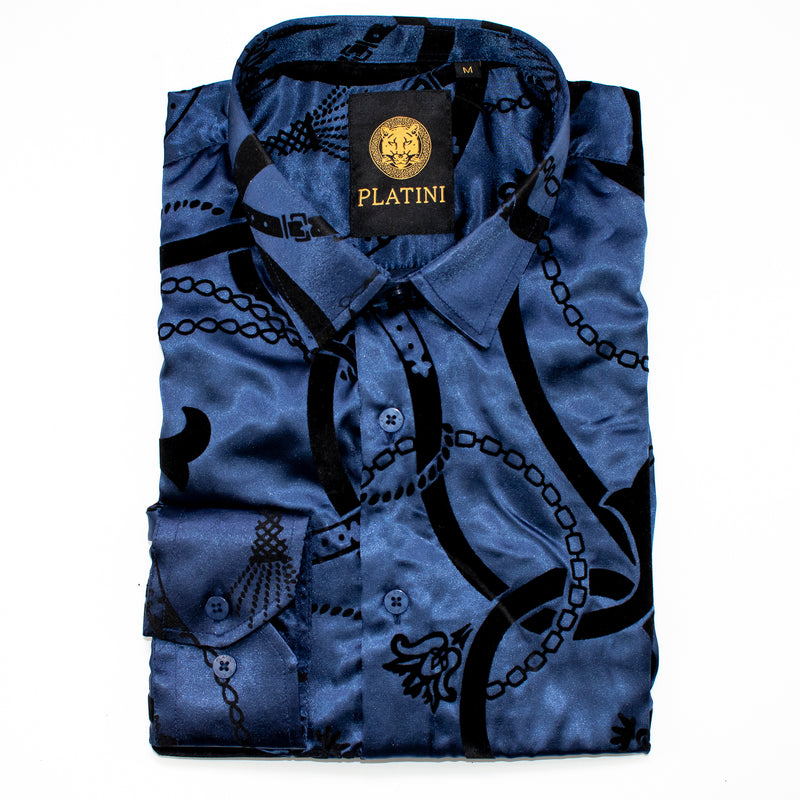 Navy Blue Satin Chained Slim-Fit Shirt