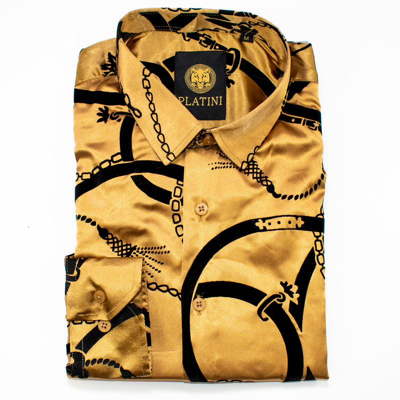 Khaki Satin Chained Slim-Fit Shirt