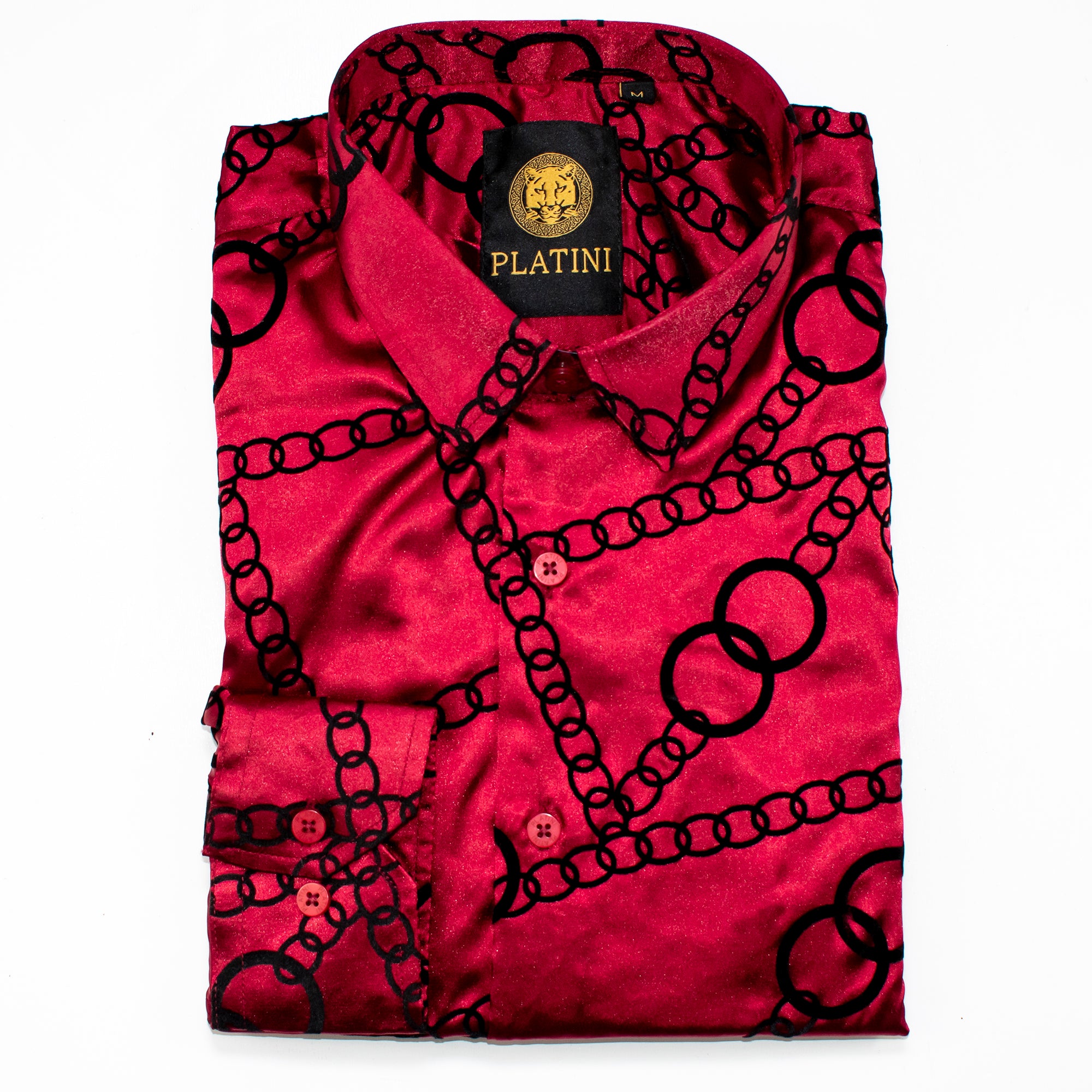 Burgundy Satin Chained Slim-Fit Shirt