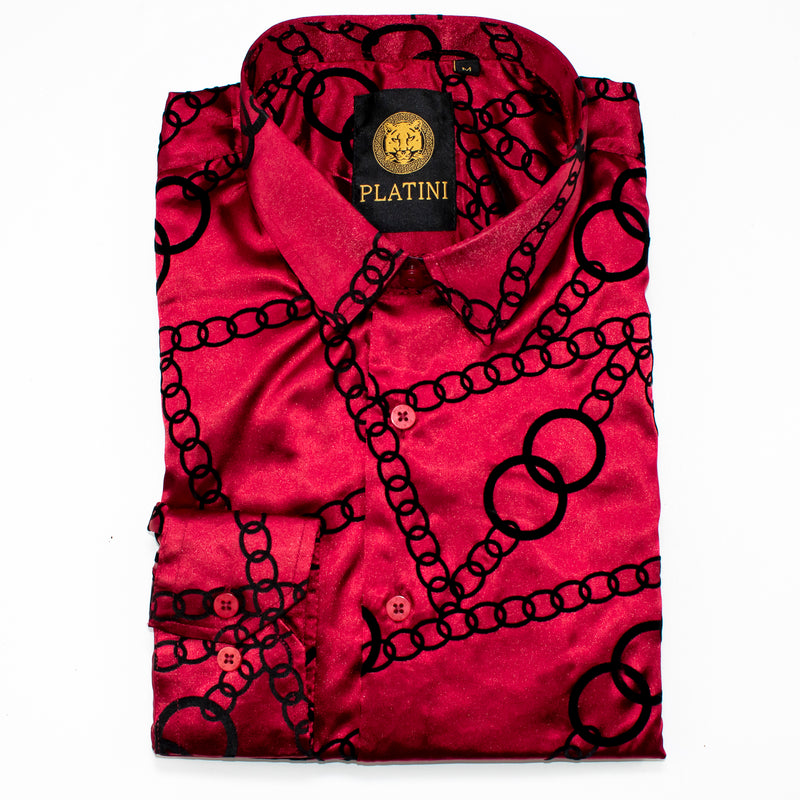 Burgundy Satin Chained Slim-Fit Shirt
