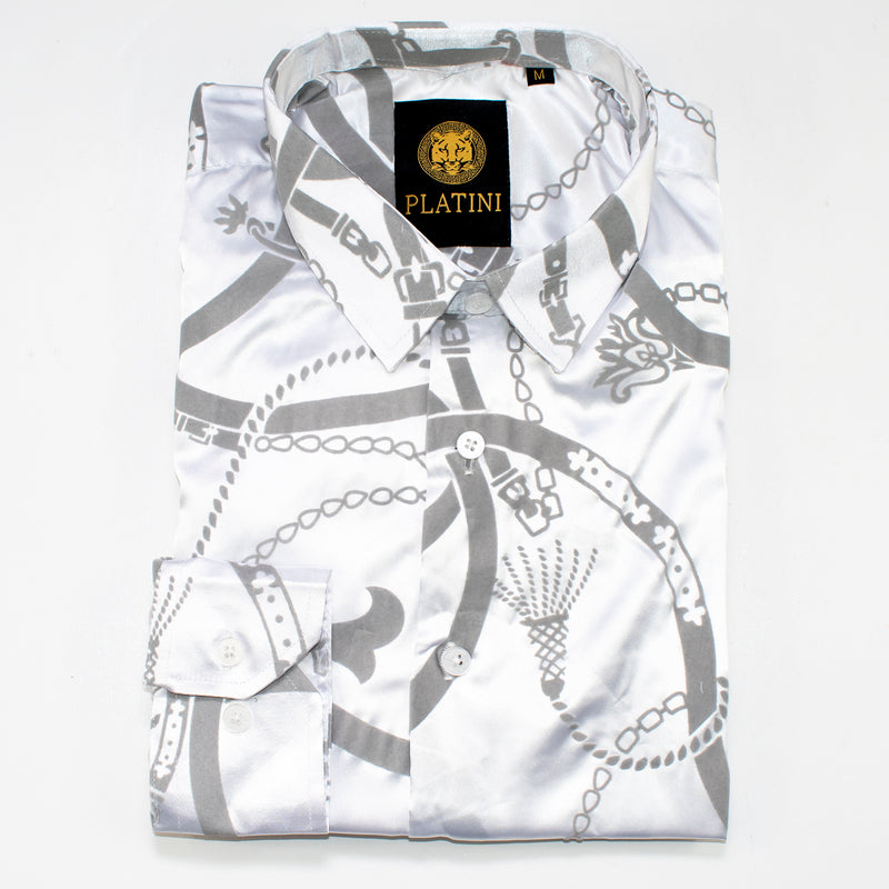 White Satin Chained Slim-Fit Shirt