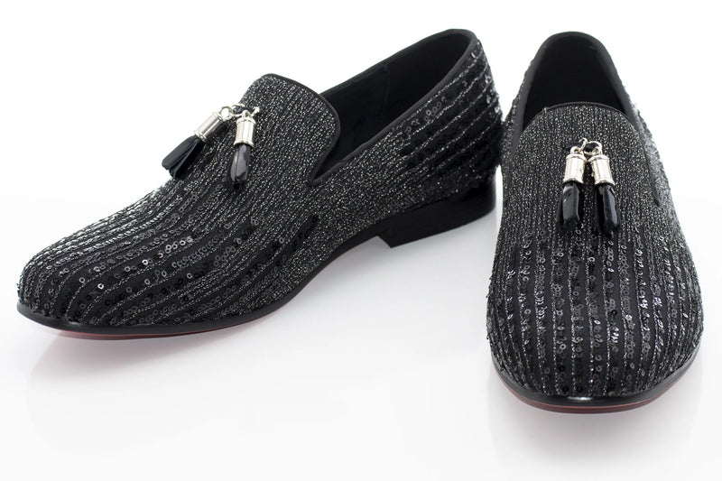Black and Silver Sequined Dress Loafer with Tassels