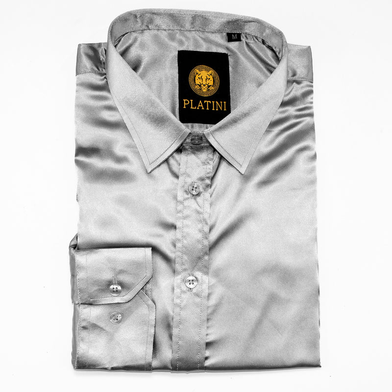 Gray Satin Slim-Fit Dress Shirt