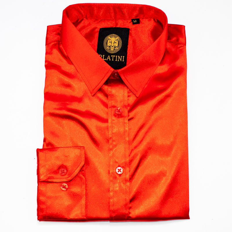 Red Satin Slim-Fit Dress Shirt