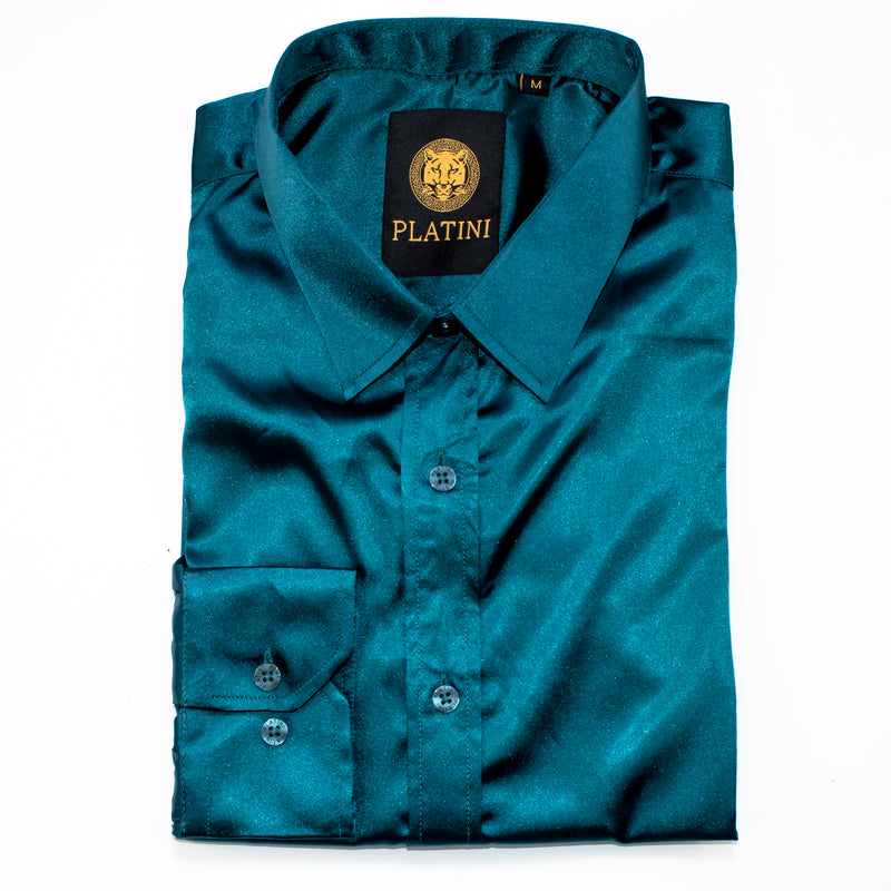 Teal Satin Slim-Fit Dress Shirt