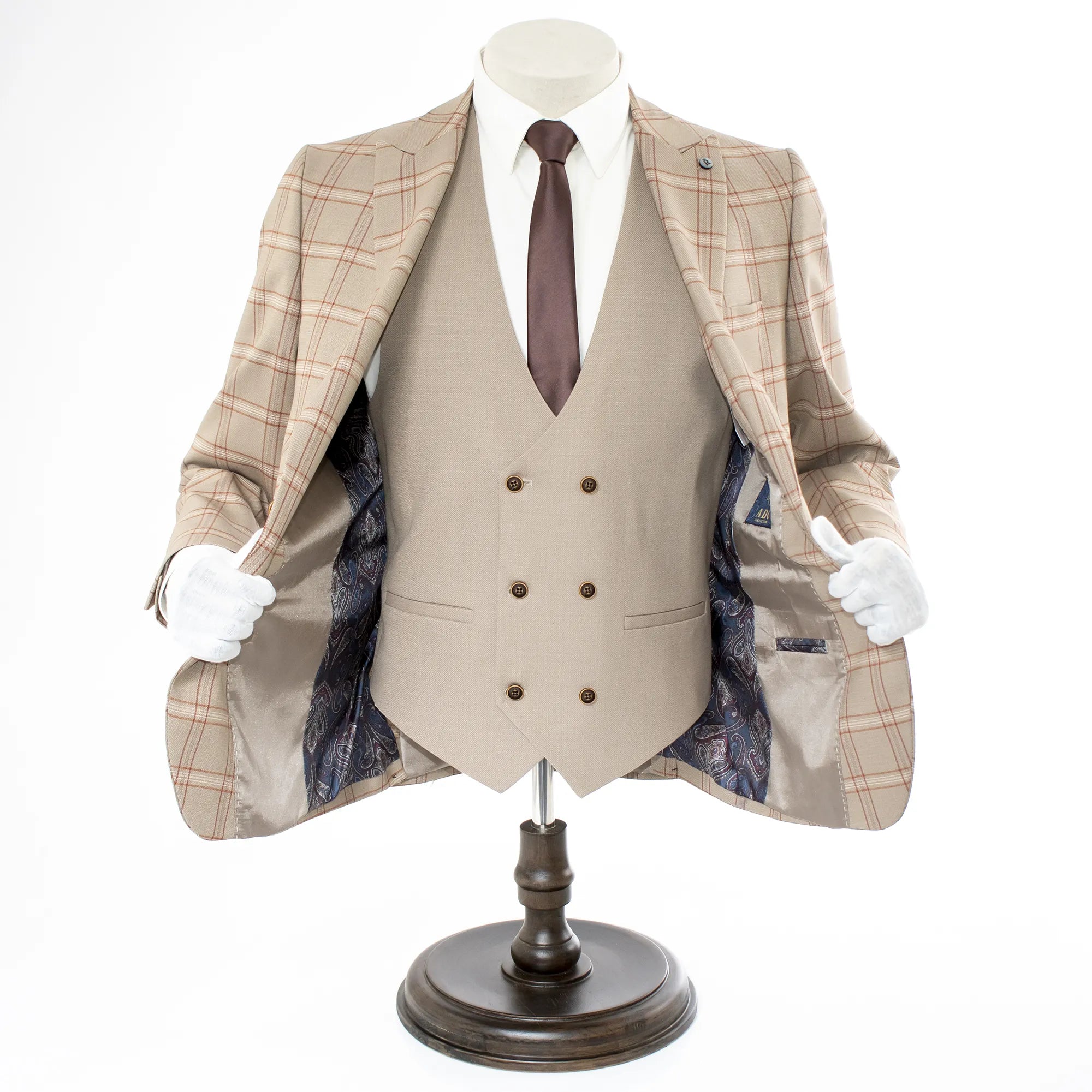 Beige Wool Plaid 3-Piece Slim-Fit Suit