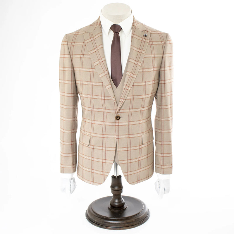 Beige Wool Plaid 3-Piece Slim-Fit Suit