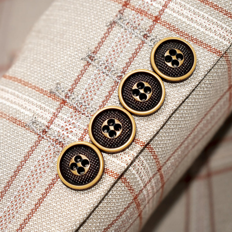 Beige Wool Plaid 3-Piece Slim-Fit Suit