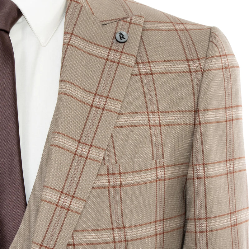 Beige Wool Plaid 3-Piece Slim-Fit Suit