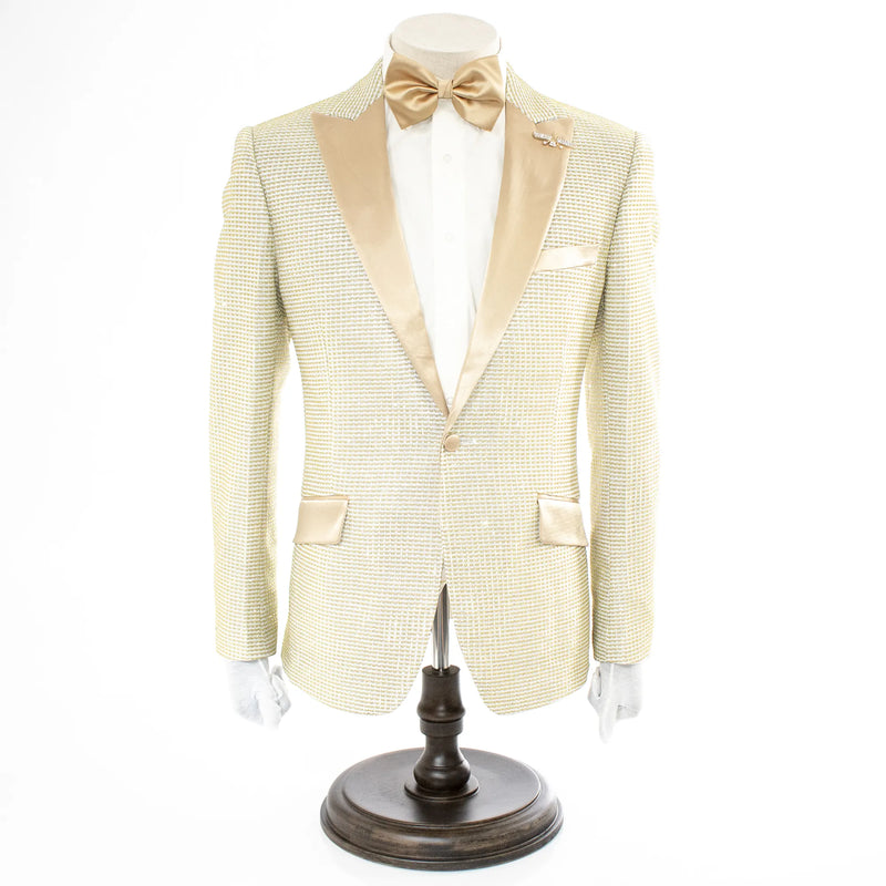 Men's White And Gold Sparkling Glitter Slim-Fit Tuxedo With Peak Lapels