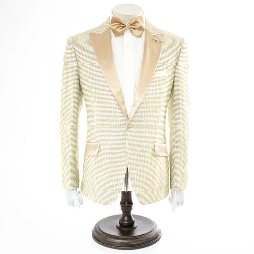 Men's White And Gold Sparkling Glitter Slim-Fit Tuxedo With Peak Lapels