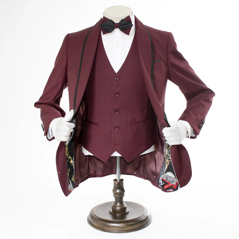 Black Trim on Burgundy Stretch 3-Piece Slim-Fit Tuxedo