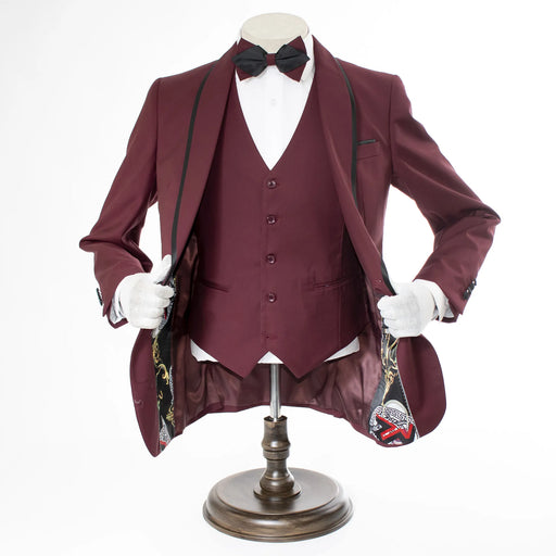 Black Trim on Burgundy Stretch 3-Piece Slim-Fit Tuxedo
