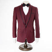 Black Trim on Burgundy Stretch 3-Piece Slim-Fit Tuxedo