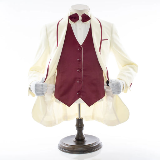 Burgundy Trim on Cream Stretch 3-Piece Slim-Fit Tuxedo