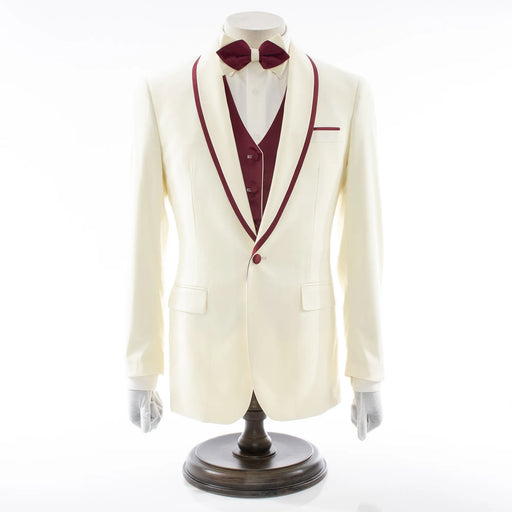 Burgundy Trim on Cream Stretch 3-Piece Slim-Fit Tuxedo