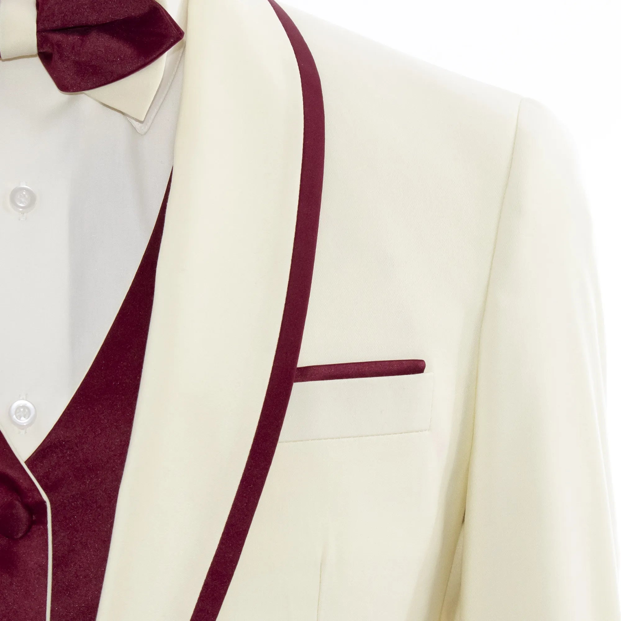 Burgundy Trim on Cream Stretch 3-Piece Slim-Fit Tuxedo