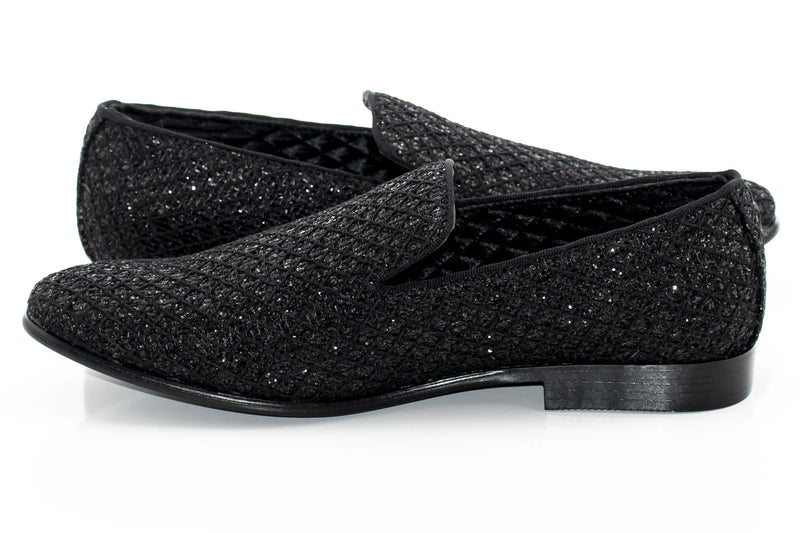 Black Glitter Pattern Smoking Loafers