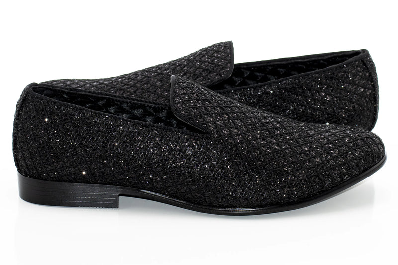 Black Glitter Pattern Smoking Loafers