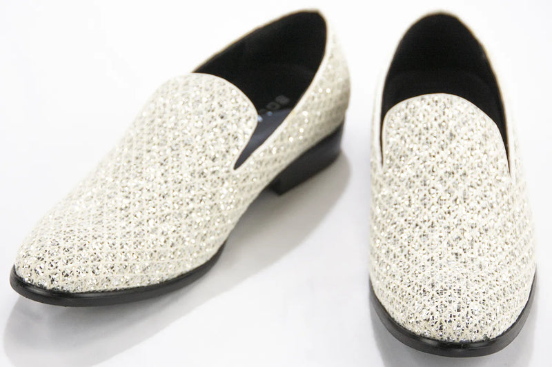White Glitter Pattern Smoking Loafers