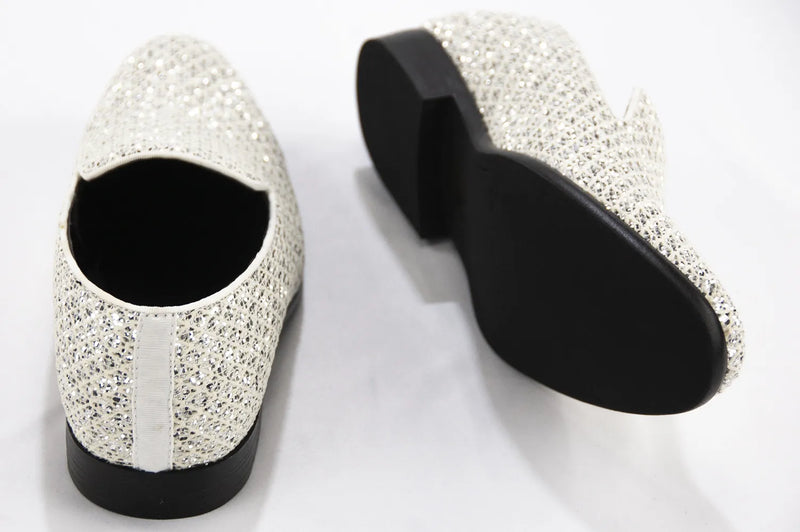White Glitter Pattern Smoking Loafers