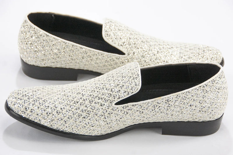White Glitter Pattern Smoking Loafers