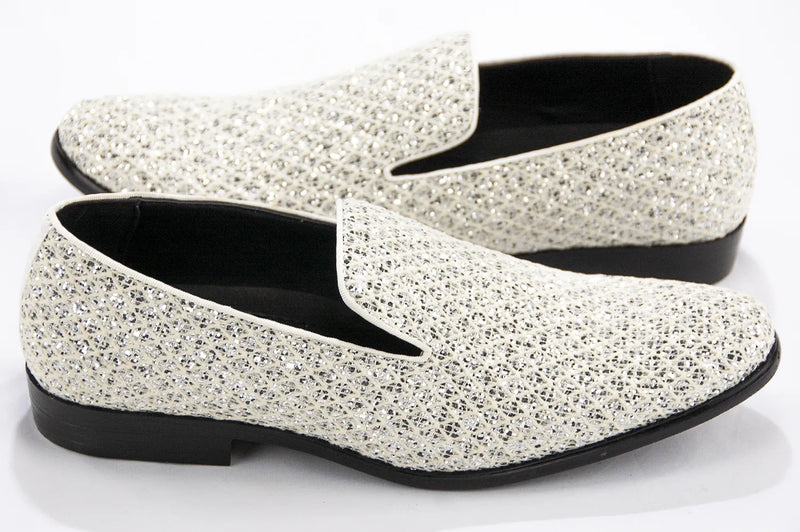 White Glitter Pattern Smoking Loafers