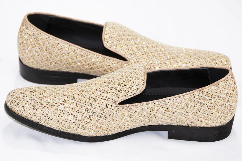 Gold Glitter Pattern Smoking Loafers