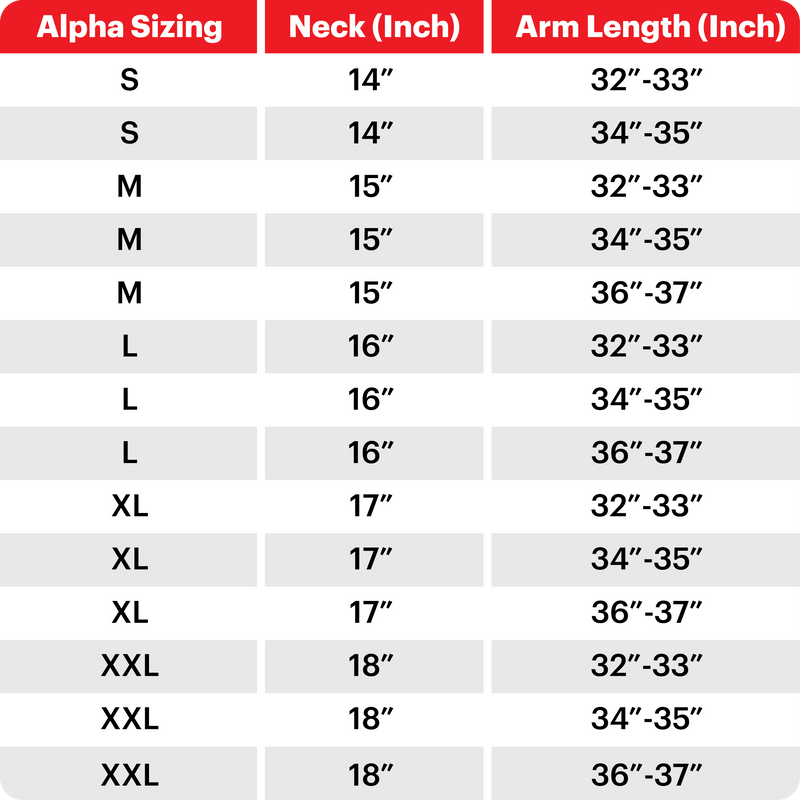 Sizing Chart for Dress Shirts