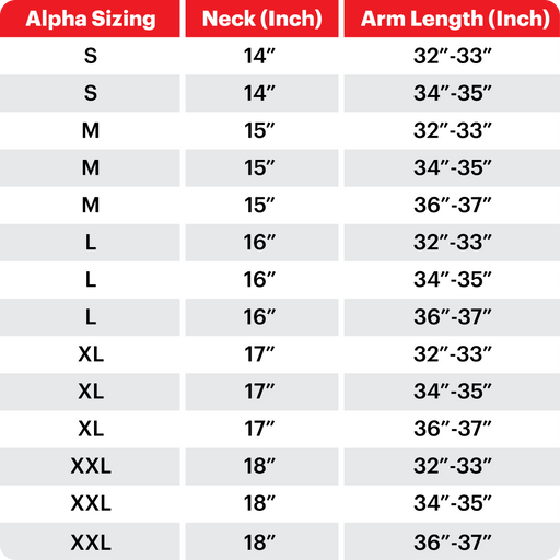 Sizing Chart for Dress Shirts