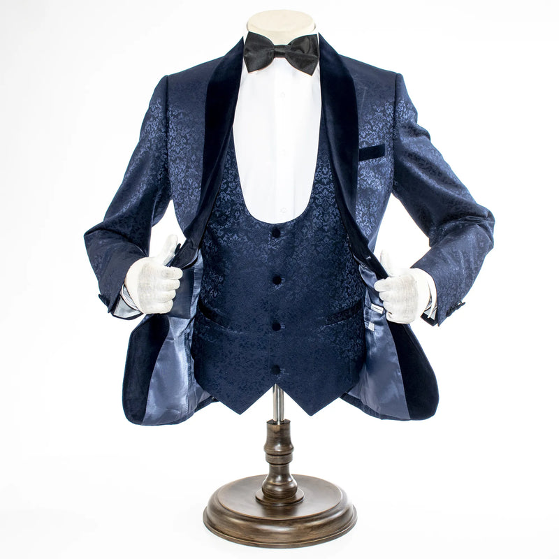 Men's Navy Blue Slim-Fit 3-Piece Velvet Tuxedo