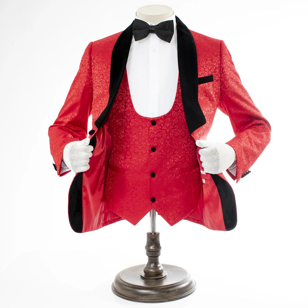 Red Damask 3-Piece Slim-Fit Tuxedo with Black Velvet Shawl Lapel