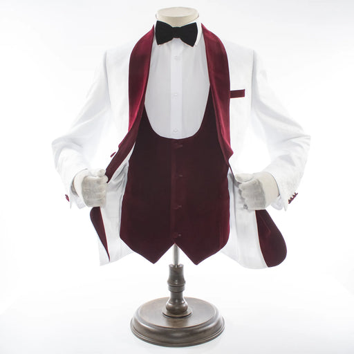 Men's White And Burgundy Slim-Fit 3-Piece Velvet Tuxedo