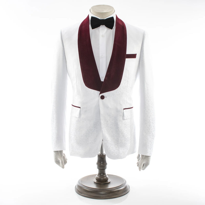 Men's White And Burgundy Slim-Fit 3-Piece Velvet Tuxedo