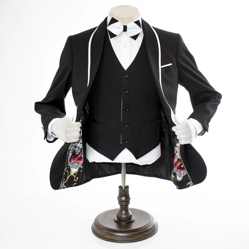 White Trim on Black Stretch 3-Piece Slim-Fit Tuxedo