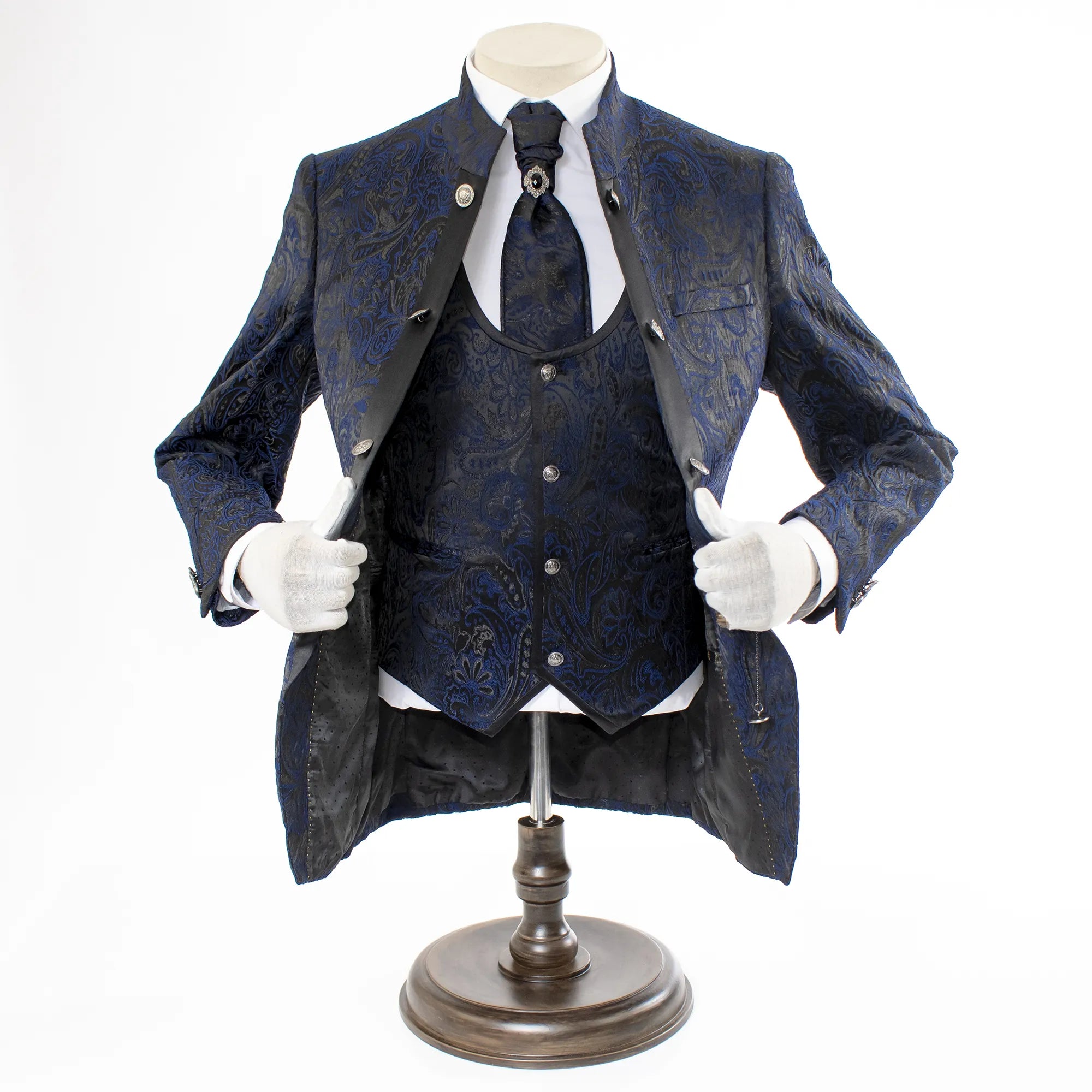 Men's Dark Blue And Black Western Damask Slim-Fit Tuxedo With Necktie