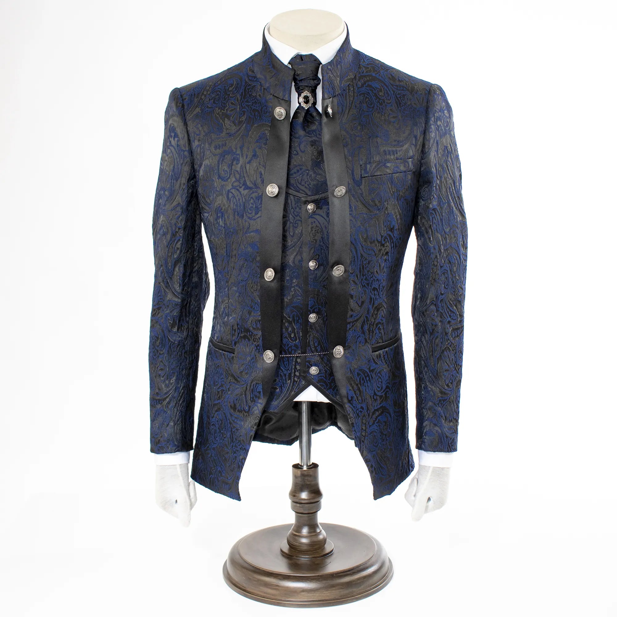 Men's Dark Blue And Black Western Damask Slim-Fit Tuxedo With Necktie