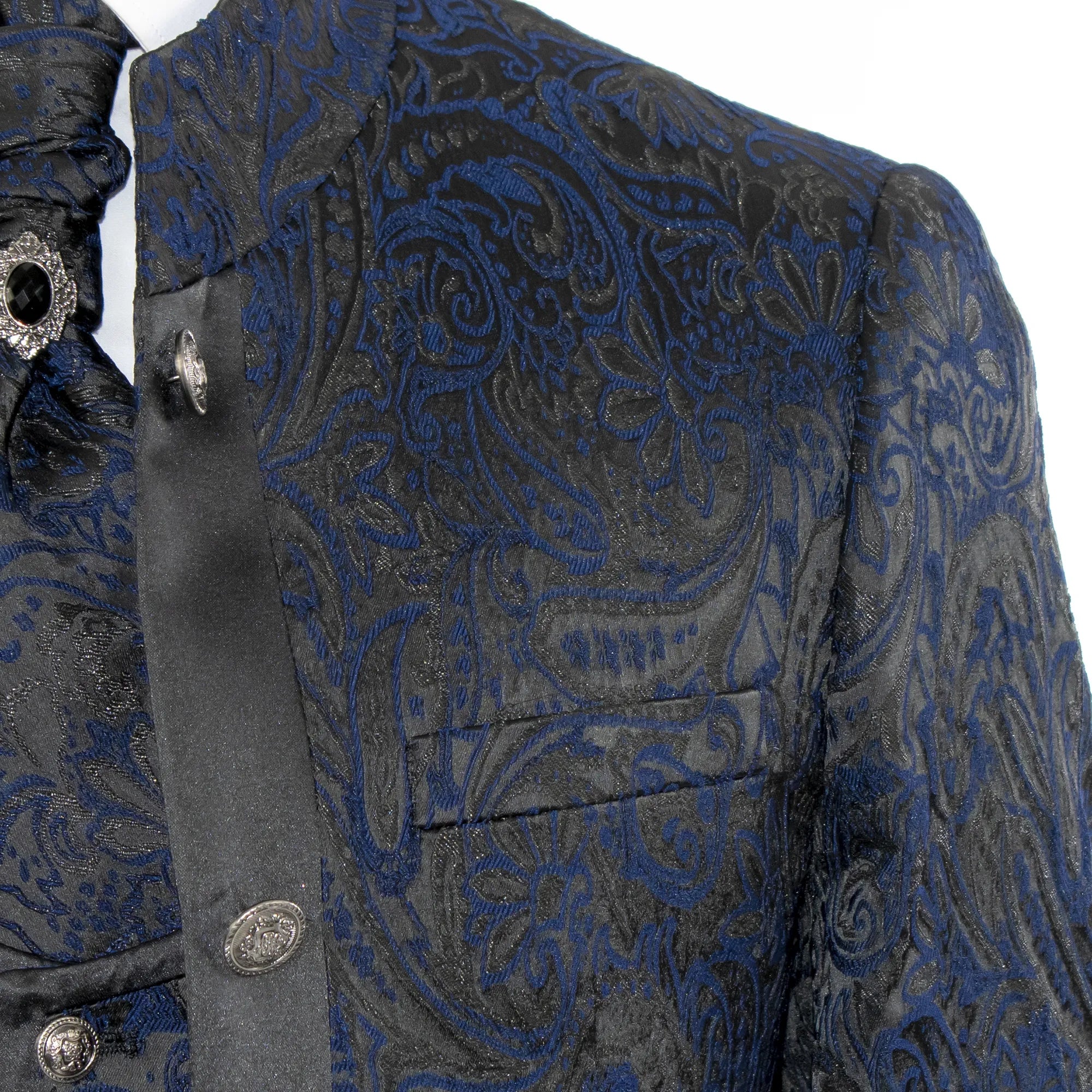 Men's Dark Blue And Black Western Damask Slim-Fit Tuxedo With Necktie
