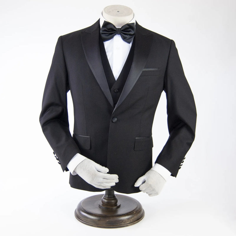 Black Wool 3-Piece Tailored-Fit Tuxedo with Peak Lapel