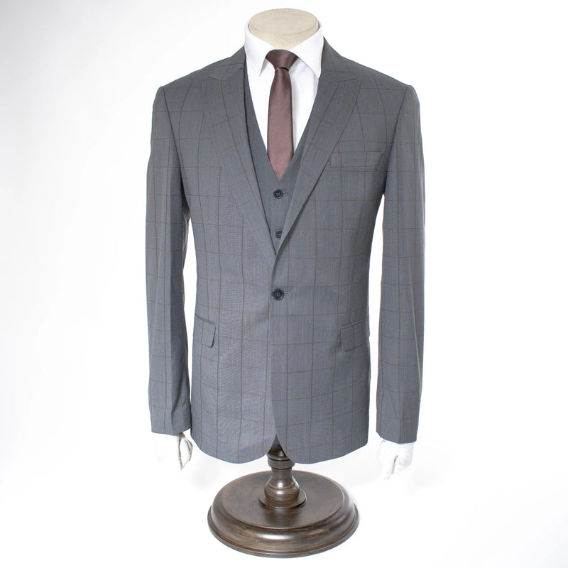 Charcoal Gray Windowpane Plaid 3-Piece Slim-Fit Suit