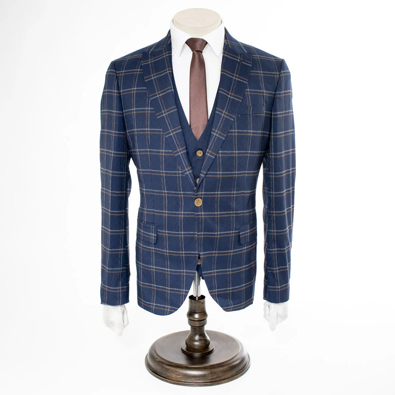 Navy Windowpane Plaid 3-Piece Slim-Fit Suit
